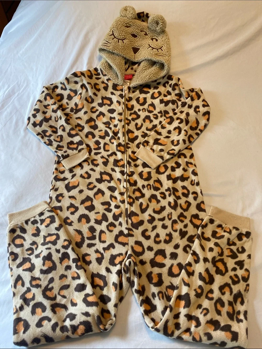 Saintove Kids Leopard Print Fleece Romper - Beige/Brown with fluffy hood